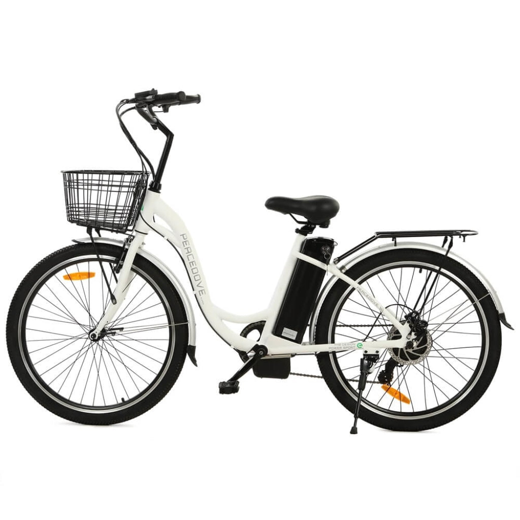 Ecotric 26inch White Peacedove electric city bike with basket and rear  rack-Canada