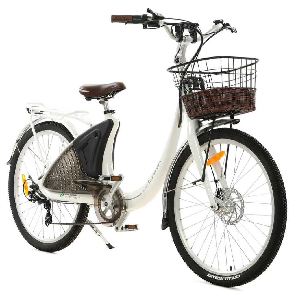 Ecotric 26inch White Lark Electric City Bike For Women with basket and rear rack for Canada